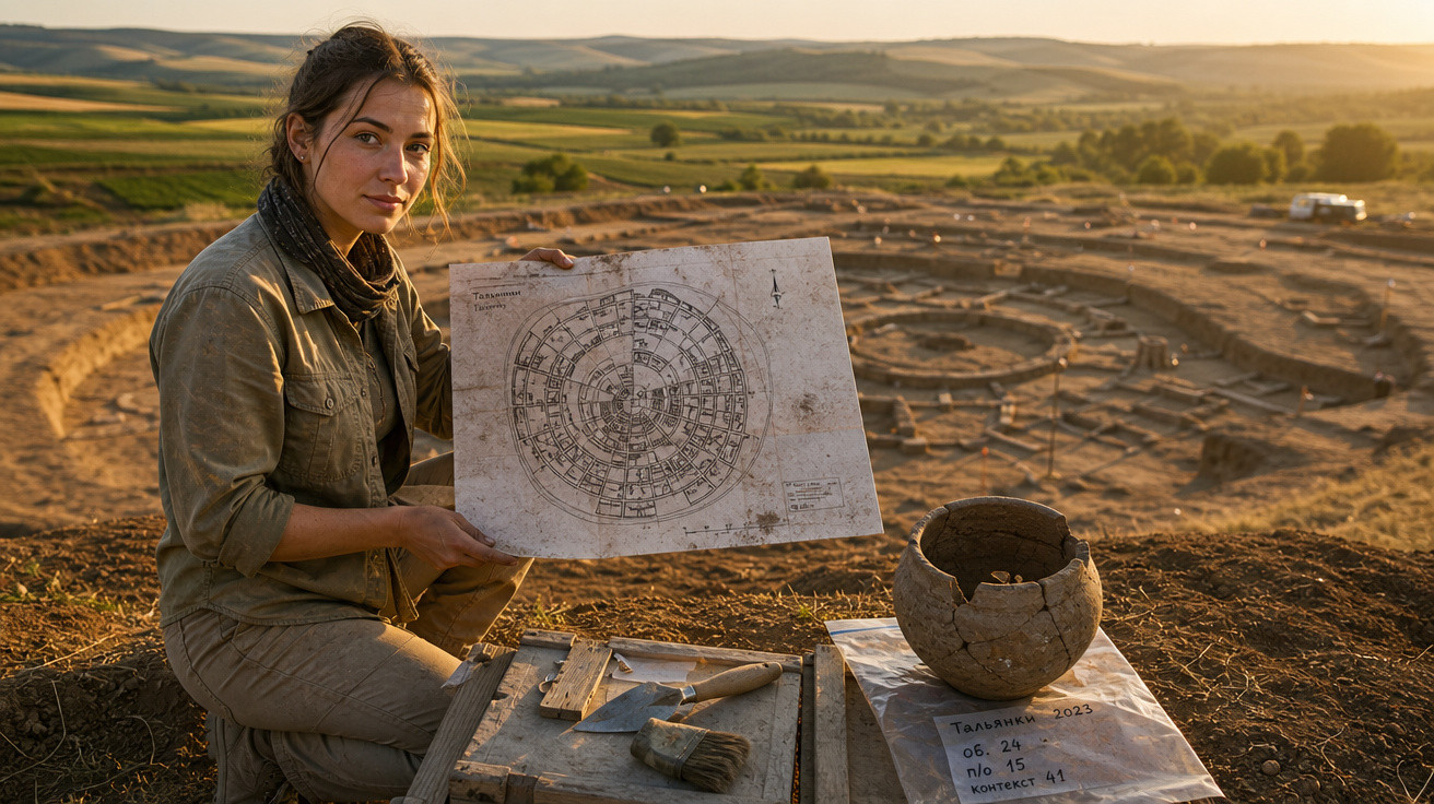 Mulher arqueóloga segura planta de sítio arqueológico circular com ferramentas e cerâmica ao redor ao pôr do sol.