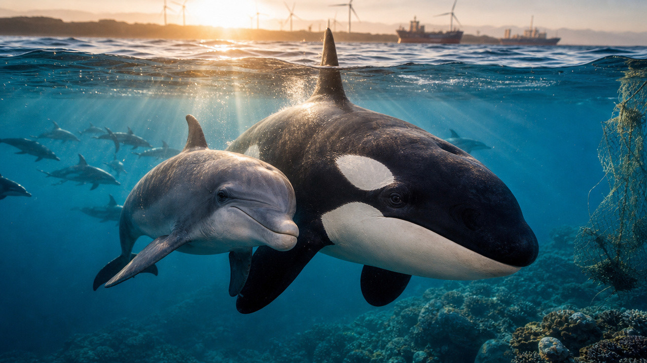 Orca e golfinho nadando juntos em mar azul com navios e turbinas eólicas ao fundo ao pôr do sol.