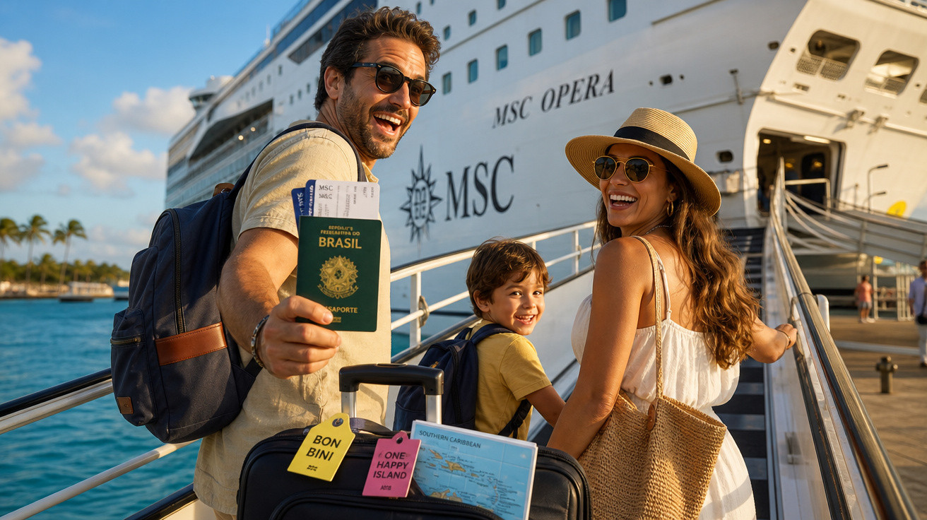 Família sorridente com passaporte e malas embarcando em navio de cruzeiro MSC Opera.