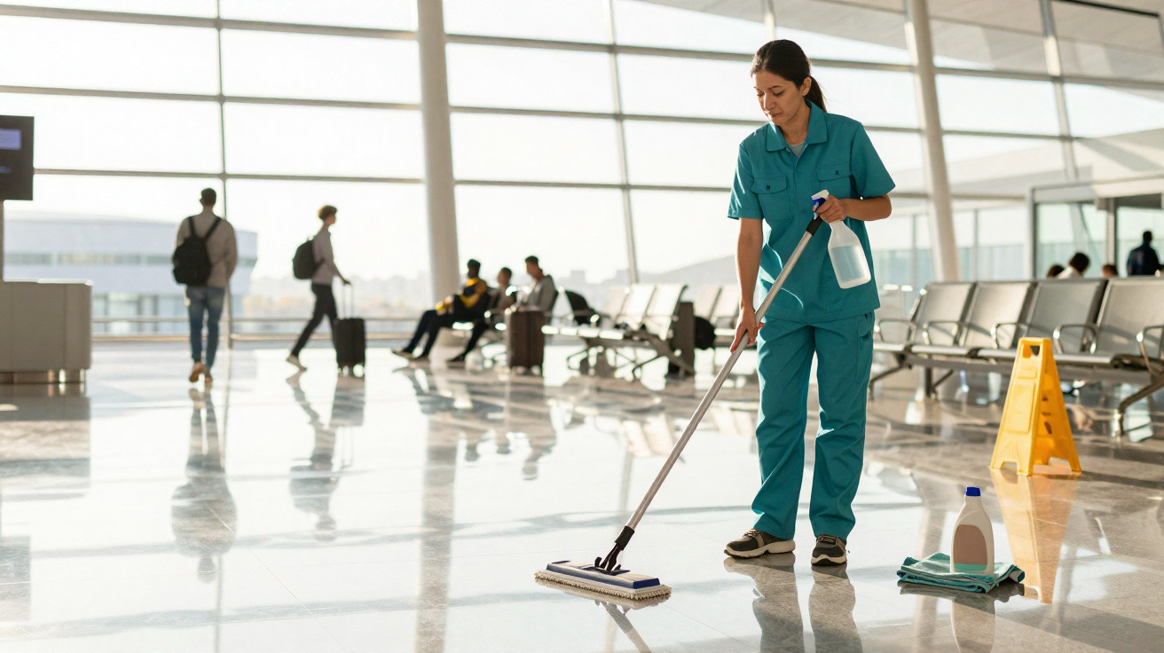 Mulher vestindo uniforme azul limpando chão brilhante em aeroporto com esfregão e borrifador.