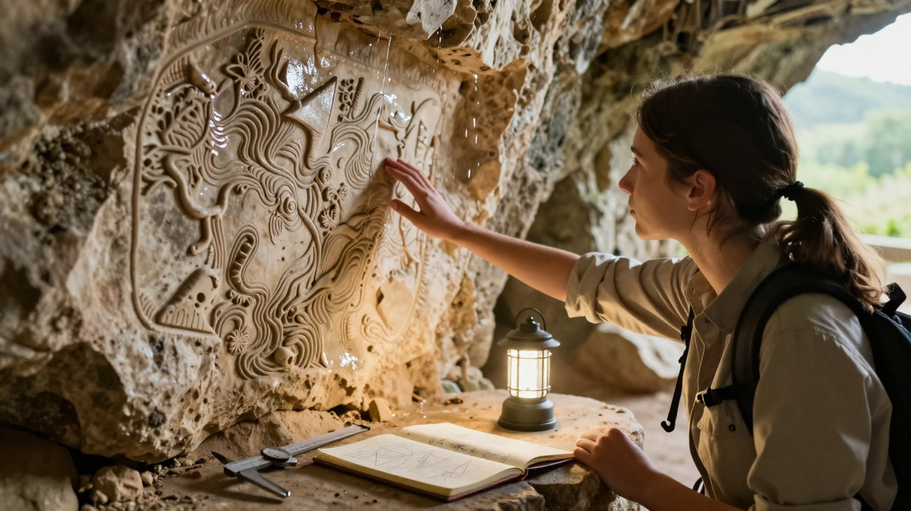 Mulher exploradora examinando arte rupestre em caverna, com caderno, bússola e lanterna sobre a pedra.