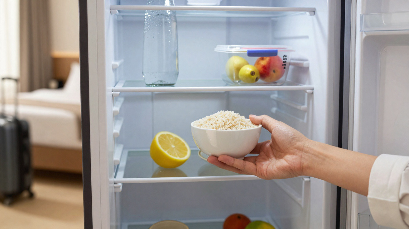 Mão segurando tigela com pipoca dentro de geladeira com frutas e garrafa de água ao fundo.