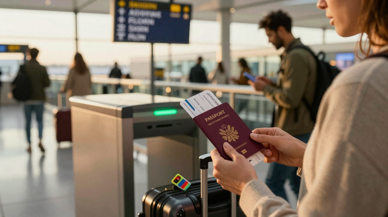 Pessoa segurando passaporte e cartão de embarque em portão de embarque no aeroporto com mala ao lado.