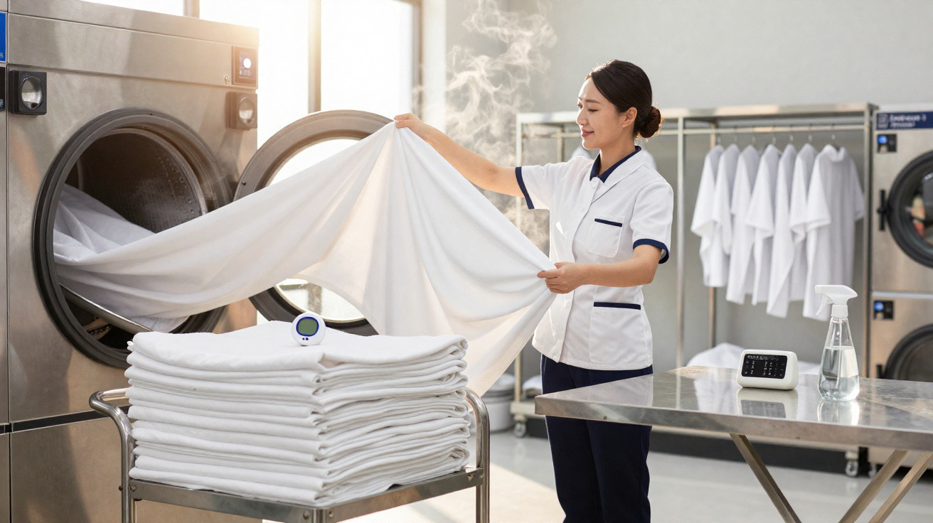 Mulher vestindo uniforme branco retirando lençol quente de secadora industrial em lavanderia.