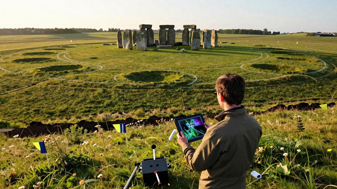 Pessoa usando tablet em área verde observando o monumento pré-histórico de Stonehenge ao fundo.