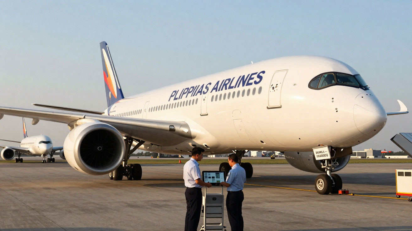 Avião da companhia "Plippilas Airlines" estacionado no aeroporto com duas pessoas trabalhando em laptop.