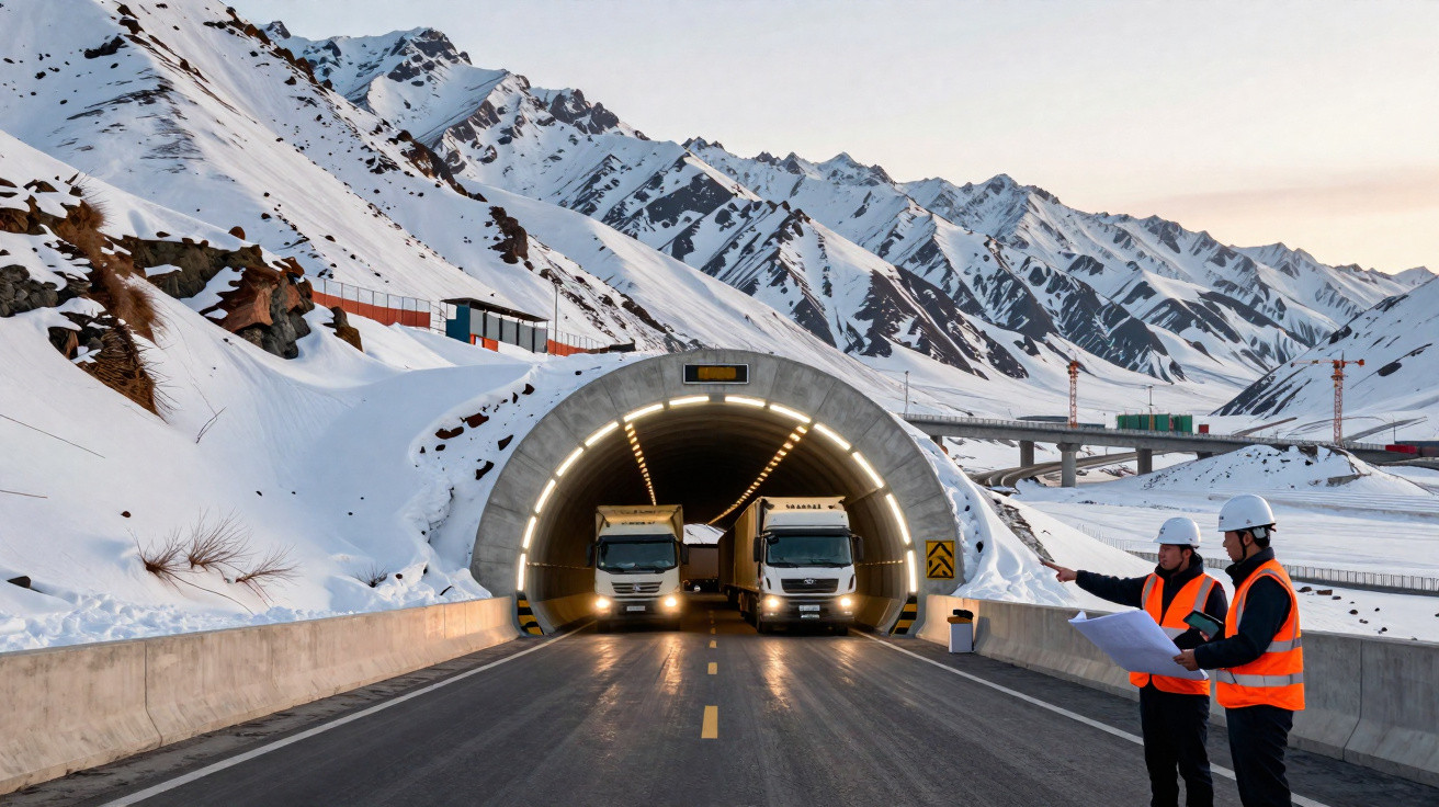 Dois caminhões saindo de túnel em estrada na montanha nevada com dois trabalhadores com capacetes e coletes laranja.