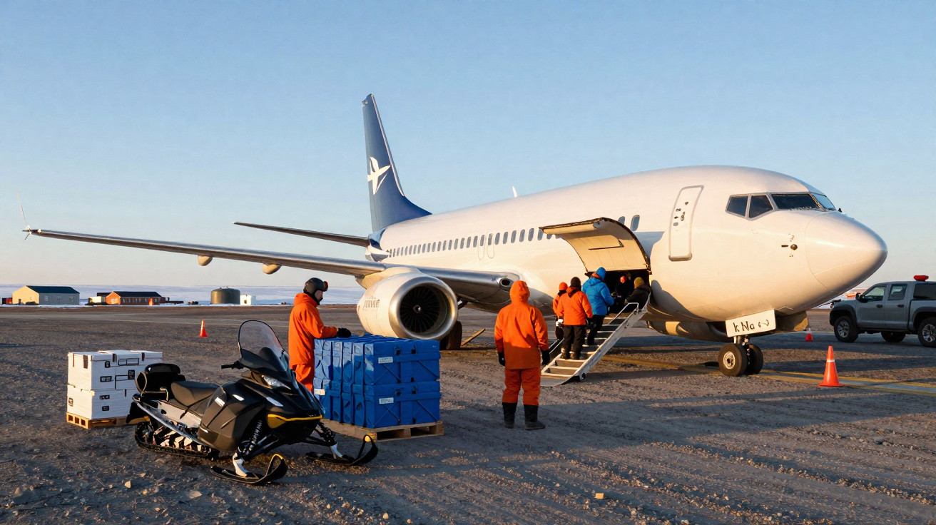 Avião estacionado no aeroporto com pessoas de uniforme laranja embarcando e caixas empilhadas ao lado.