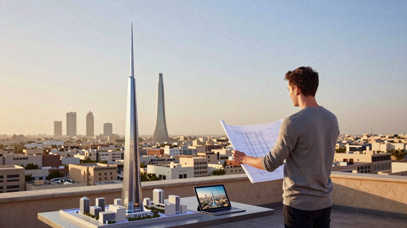 Homem observando planta de arranha-céu futurista em maquete na cobertura com cidade ao fundo.