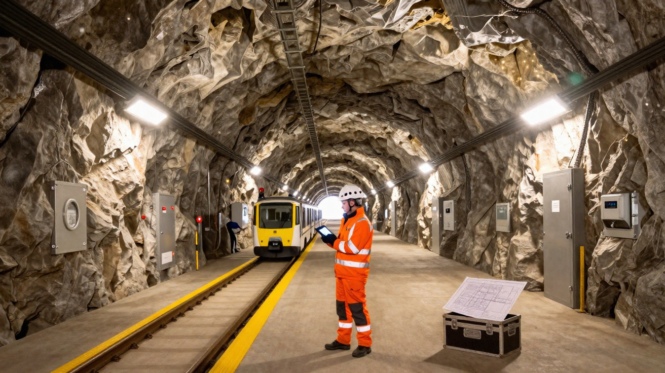 Engenheiro em roupa laranja e capacete usa tablet em túnel de metrô com trem amarelo ao fundo.