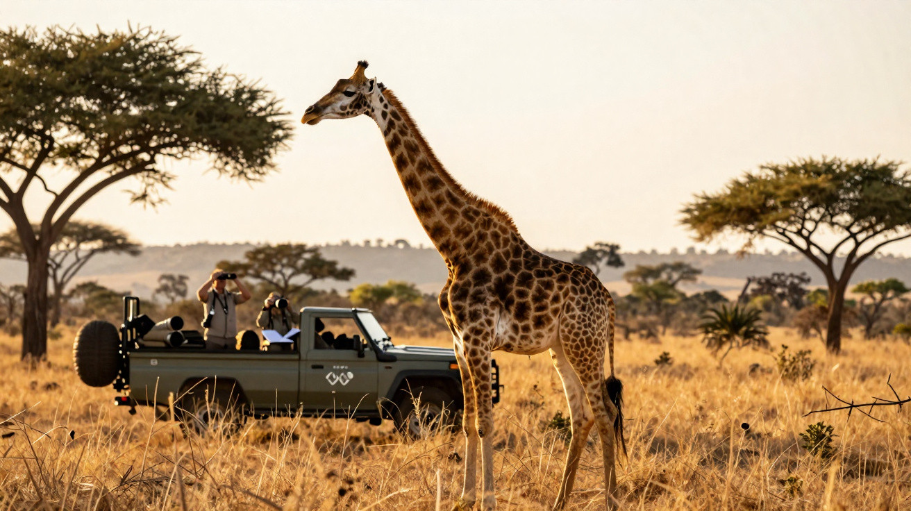 Girafa em savana interagindo com turistas em veículo de safári ao pôr do sol.