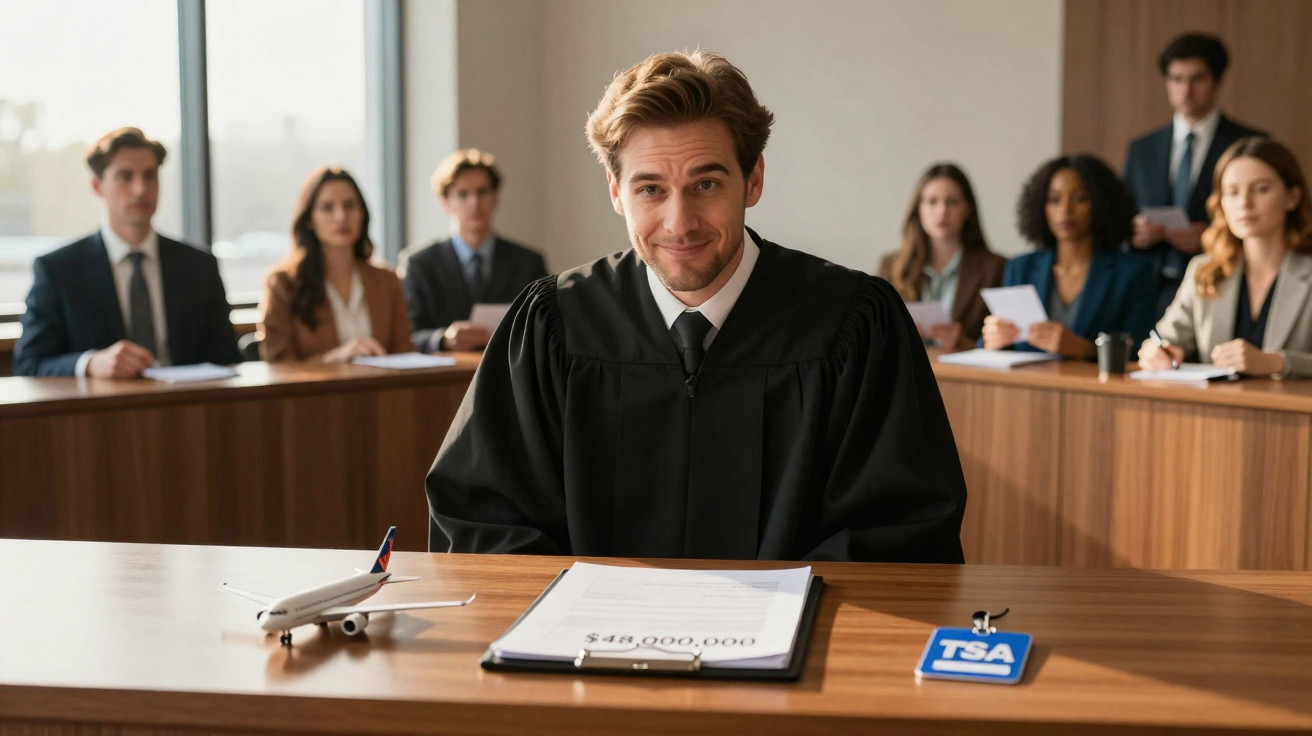 Juiz sorridente sentado à mesa do tribunal com modelo de avião, documento e crachá TSA à frente.