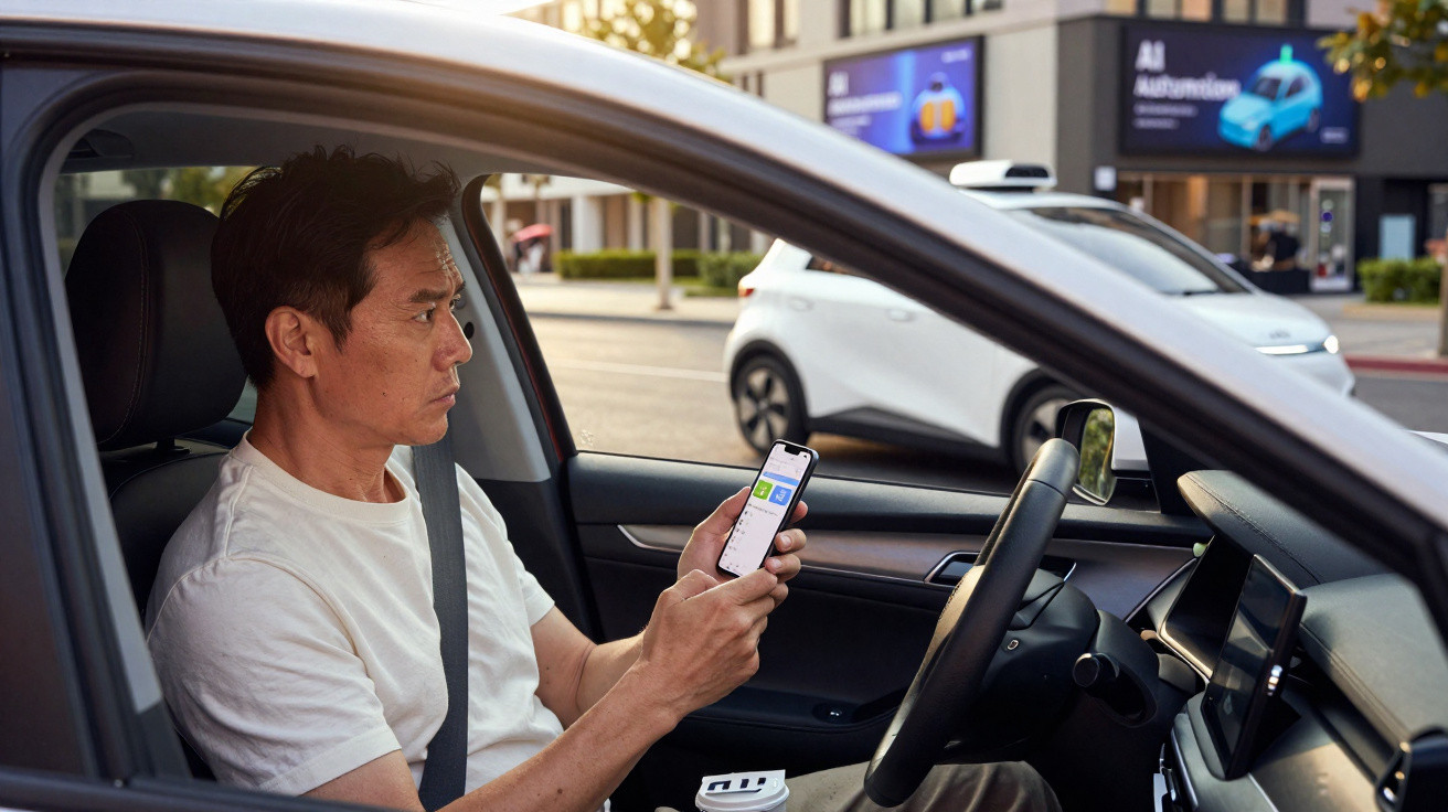 Homem sentado no banco do motorista de carro olhando para o celular, com outro carro branco ao fundo na rua.