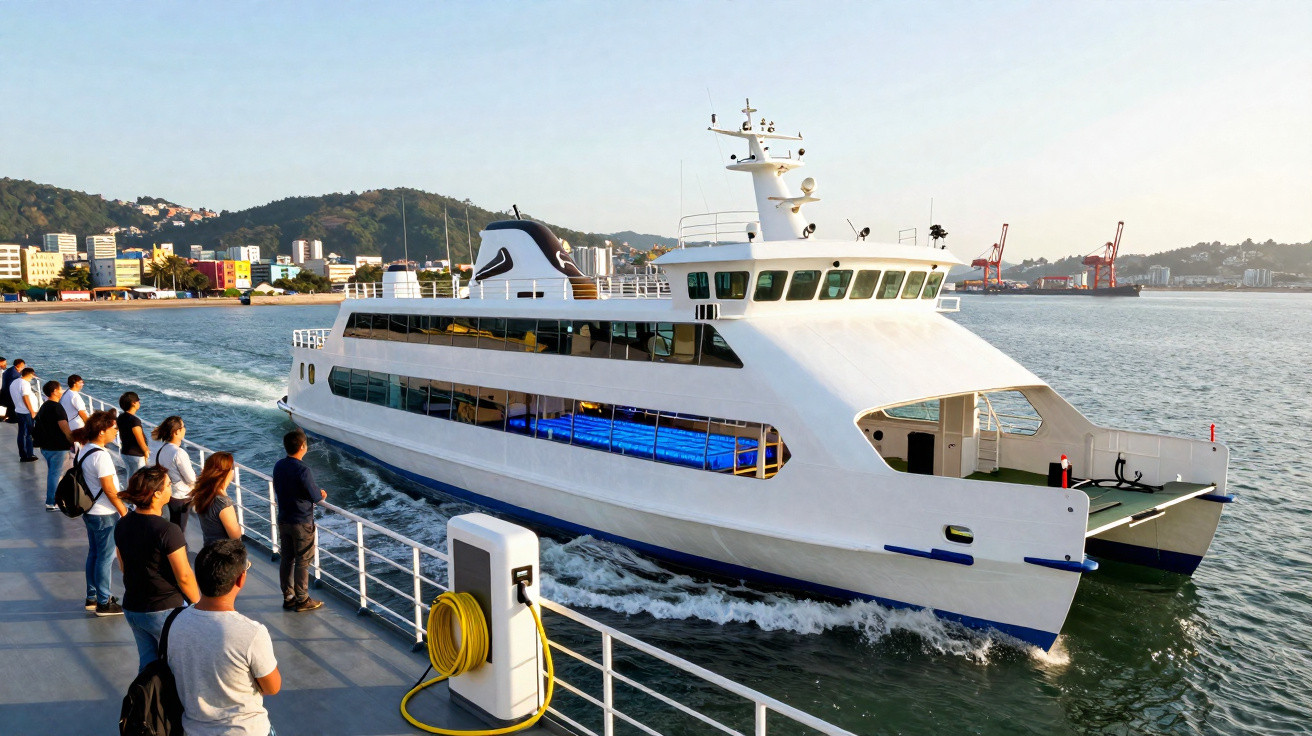 Ferry branco navegando próximo ao cais com pessoas observando e vista de cidade e montanhas ao fundo.