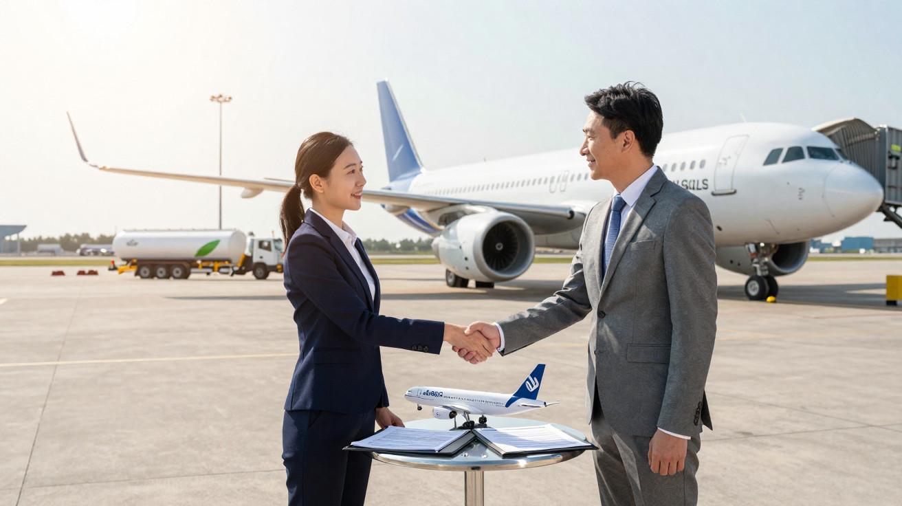 Dois profissionais em traje formal apertam as mãos no aeroporto, com avião ao fundo e maquete de avião na mesa.