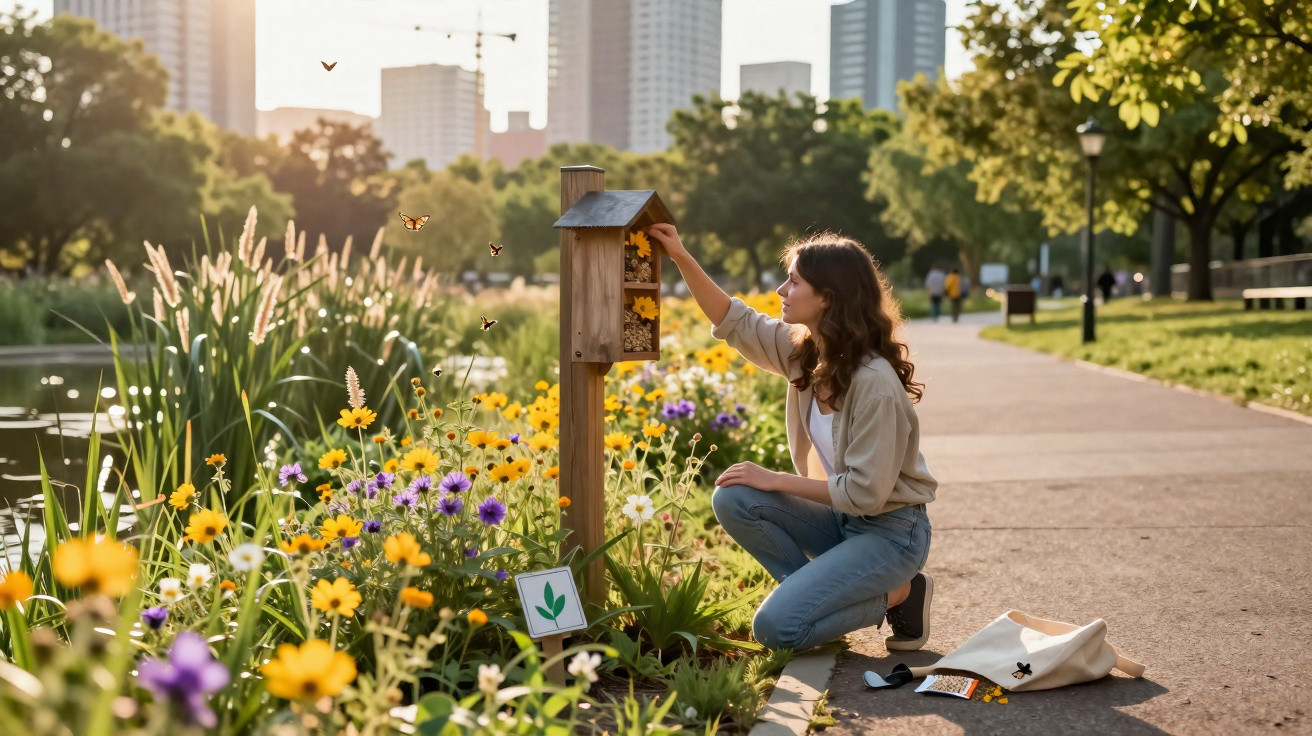 Mulher agachada cuidando de abrigos para abelhas em jardim florido próximo a parque urbano ao entardecer.