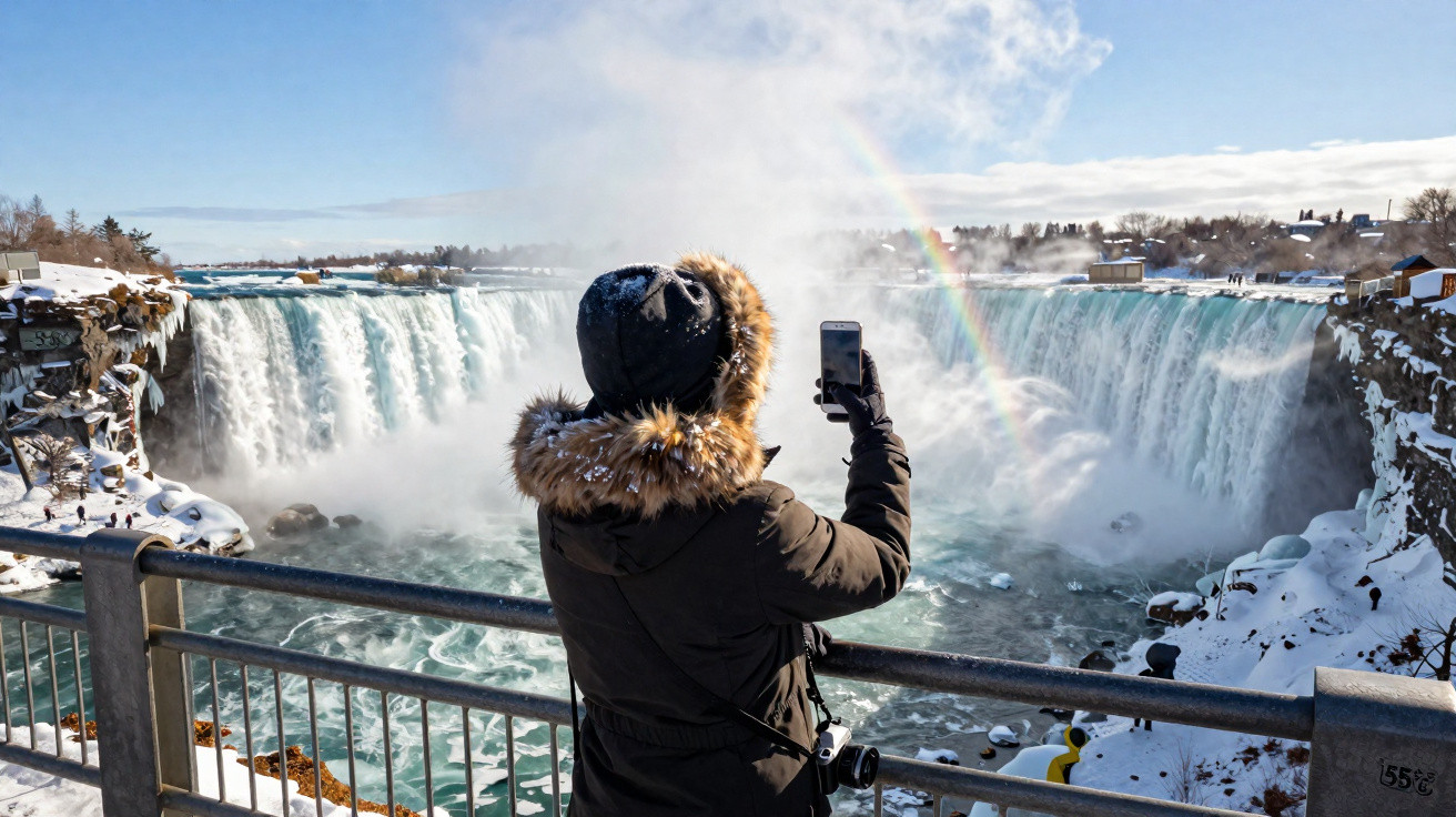Pessoa de casaco com capuz tirando foto da cachoeira Niagara com arco-íris e neve ao redor.