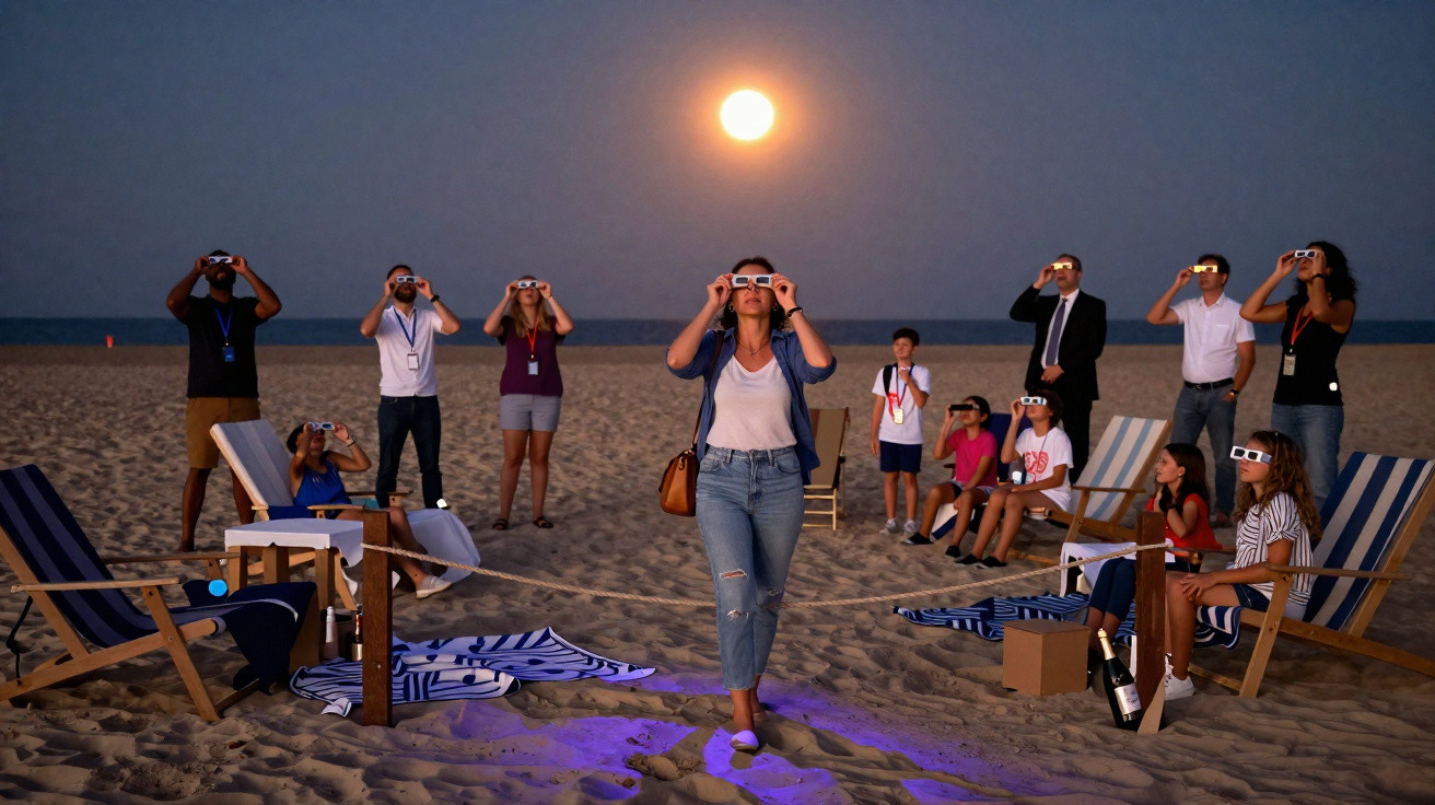 Grupo de pessoas na praia à noite observando o eclipse solar com óculos de proteção.