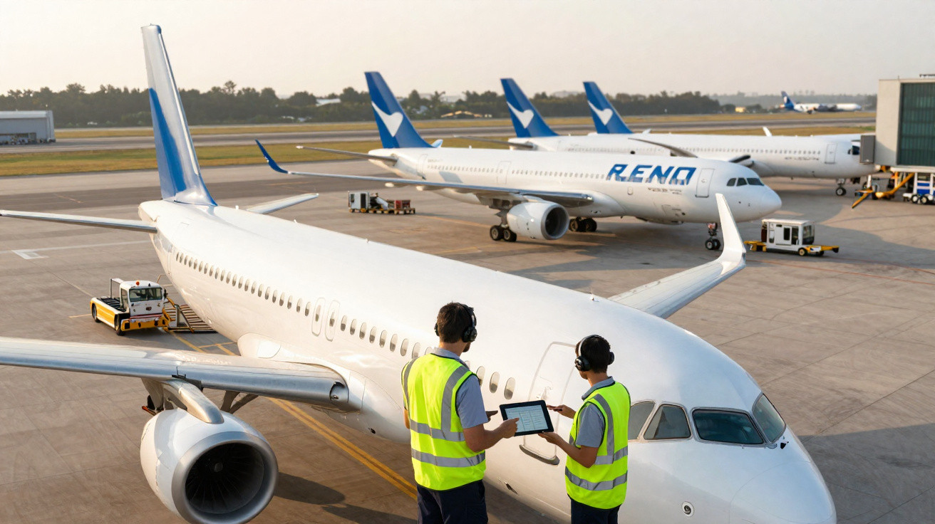 Dois funcionários com coletes reflexivos inspecionam avião branco no pátio de aeroporto ao amanhecer.