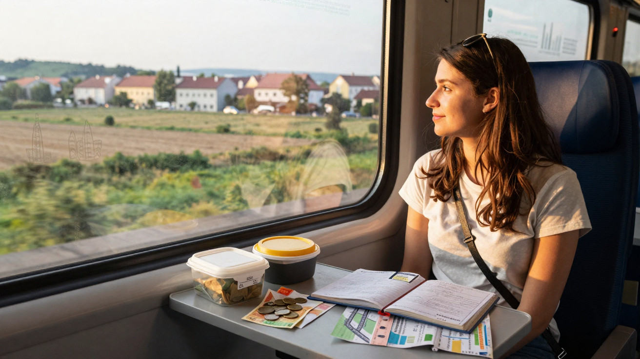 Mulher viajando de trem, olhando pela janela, com comida, caderno e moedas sobre a mesa.