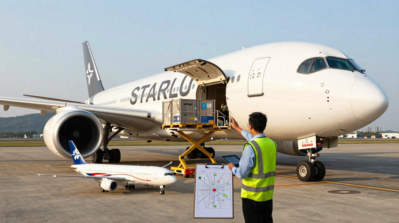 Funcionário com colete refletivo inspeciona carga em avião da Star Lux no aeroporto durante o dia.