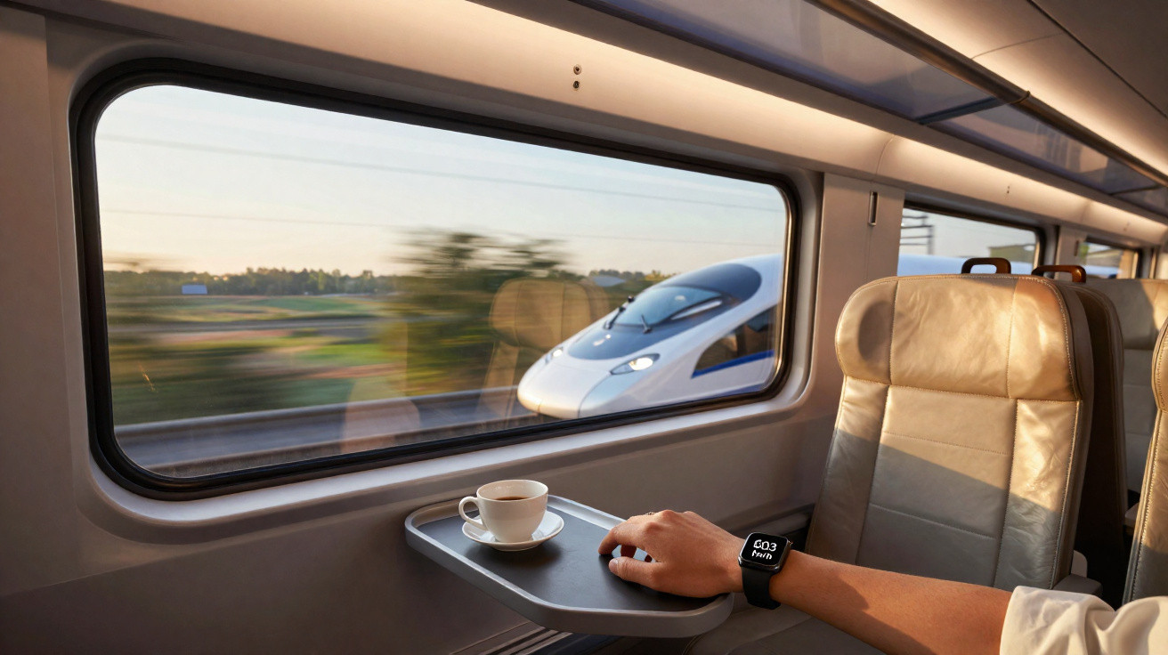 Interior de um trem com xícara de café e mão com relógio digital, vendo um trem bala acelerar pela janela.