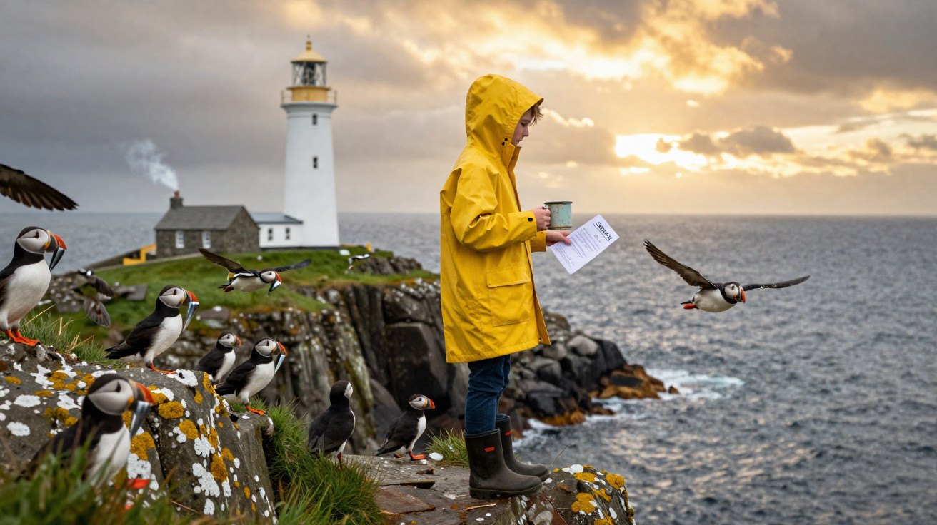 Criança com capa amarela observa papagaios-do-mar em penhasco perto de farol ao pôr do sol.