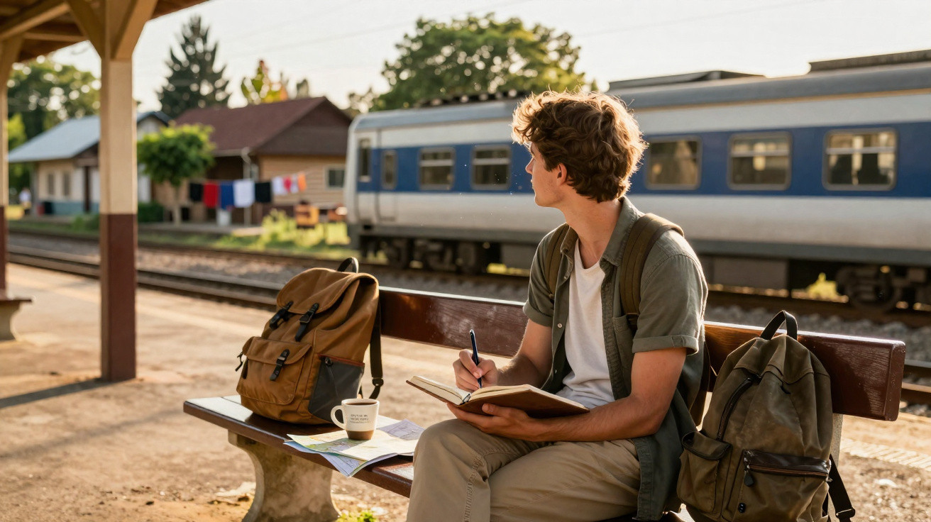 Jovem sentado no banco da estação de trem, escrevendo em caderno, com mochila e trem ao fundo.