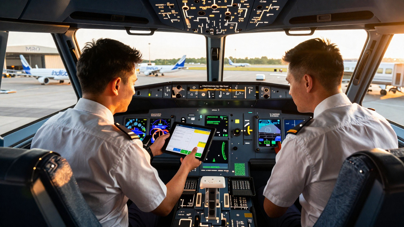 Dois pilotos em uniforme branco operam o painel eletrônico da cabine de comando de um avião.