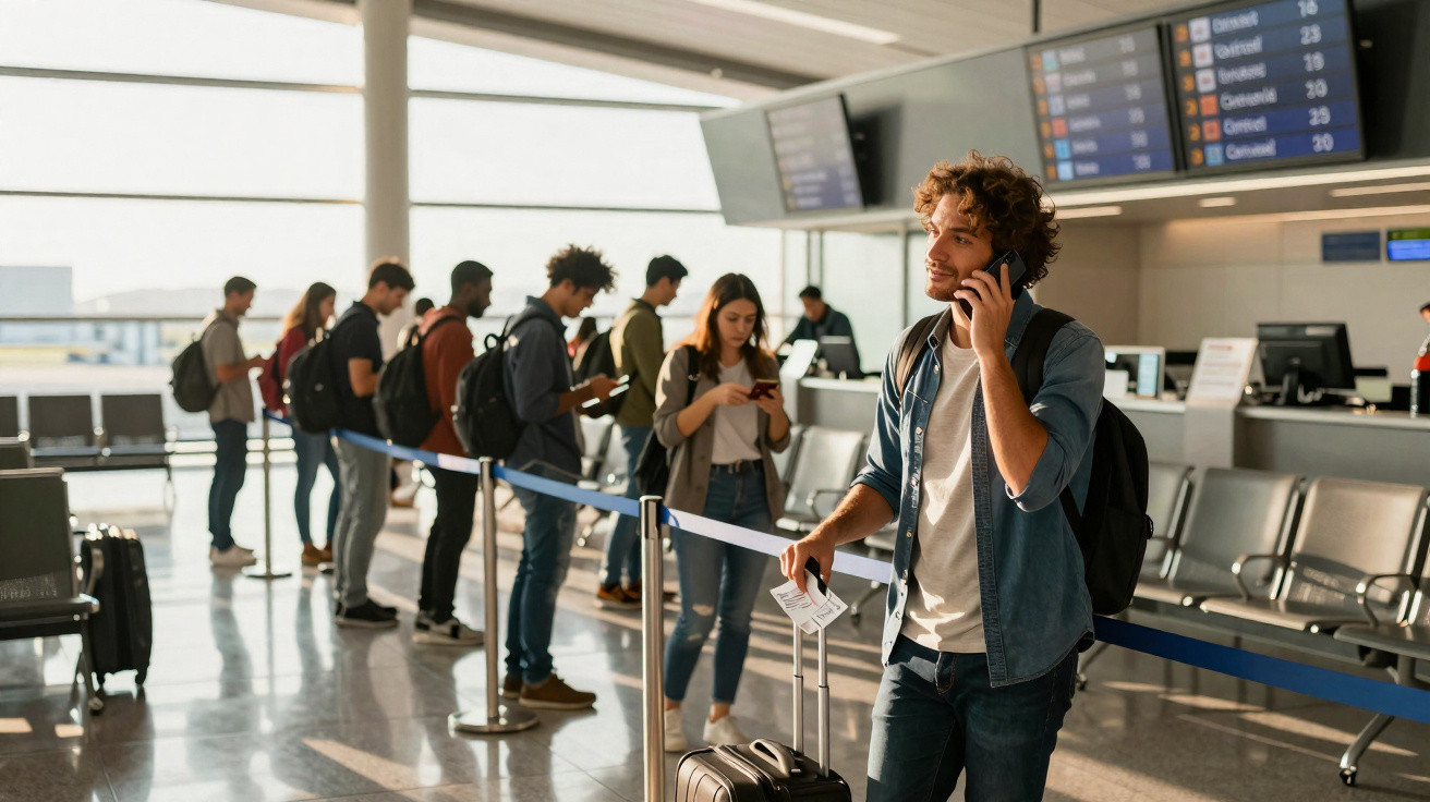 Pessoas na fila do check-in no aeroporto, com um homem falando ao celular e segurando uma mala.