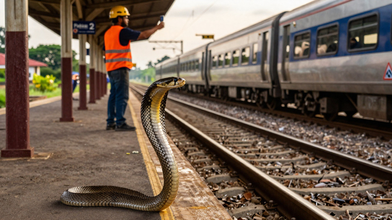Cobra na plataforma de estação de trem com trem e trabalhador de segurança ao fundo.