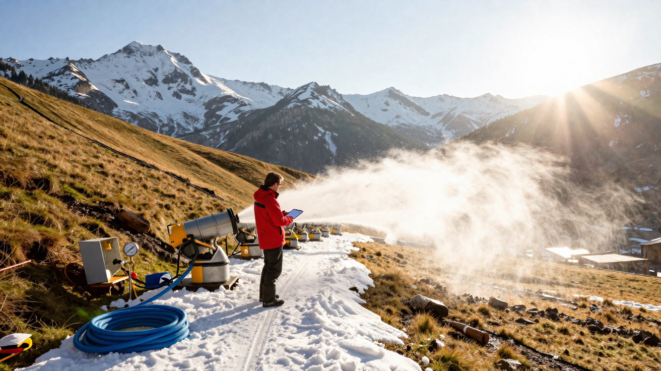 Pessoa operando máquina de neve artificial em caminho com montanhas ao fundo ao pôr do sol.