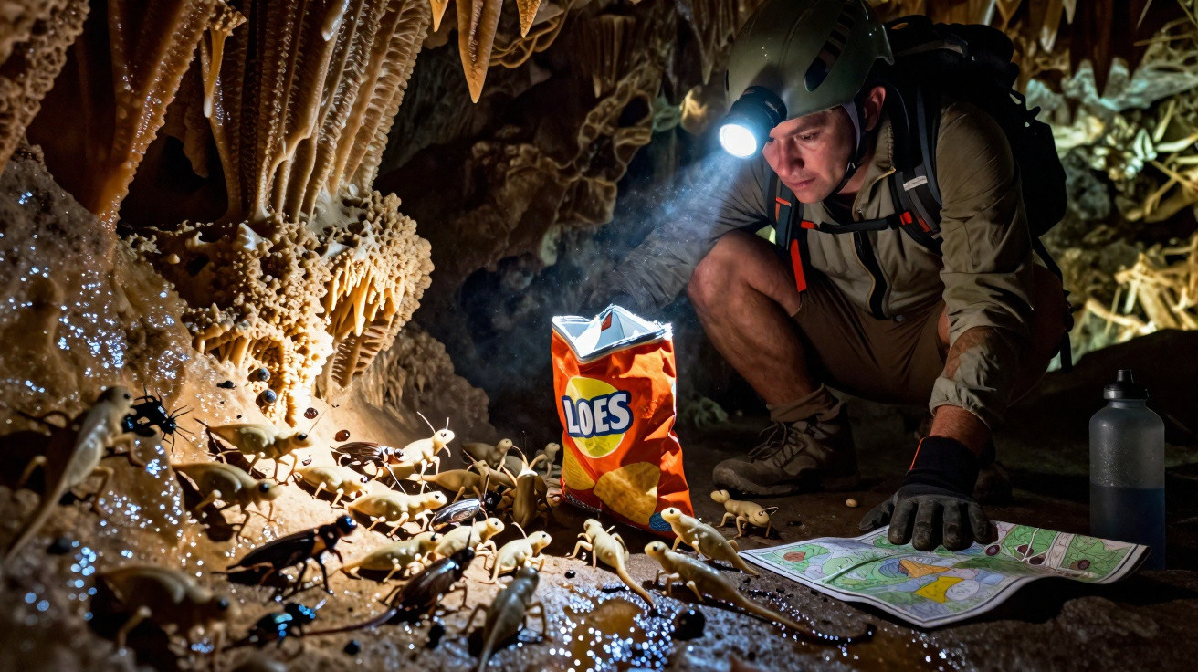 Explorador com capacete e lanterna observa insetos dentro de caverna, junto a saco de salgadinho e mapa aberto.