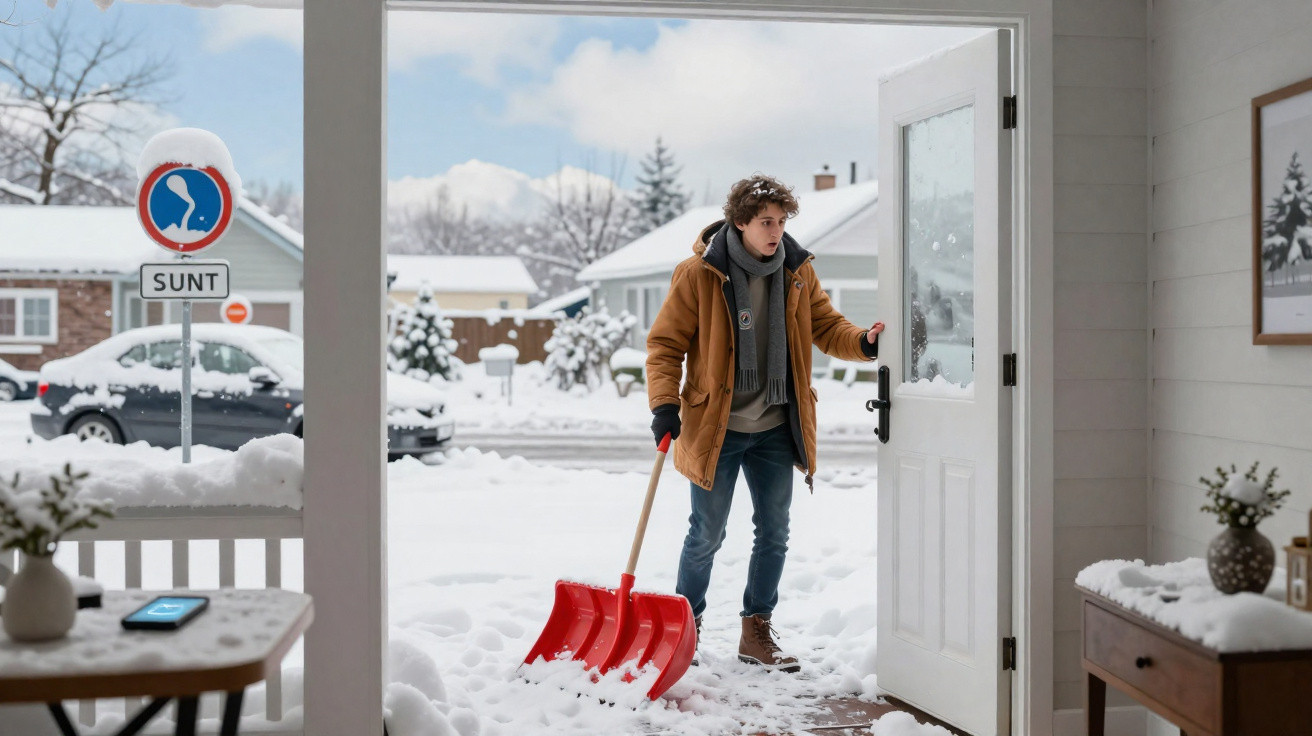 Homem com casaco marrom entra em casa segurando pá vermelha para neve, com rua e carros cobertos de neve ao fundo.