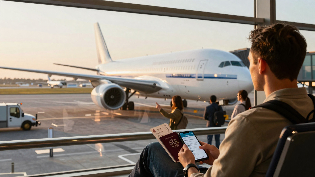 Homem sentado no aeroporto com passaporte e celular, olhando para avião estacionado ao pôr do sol.