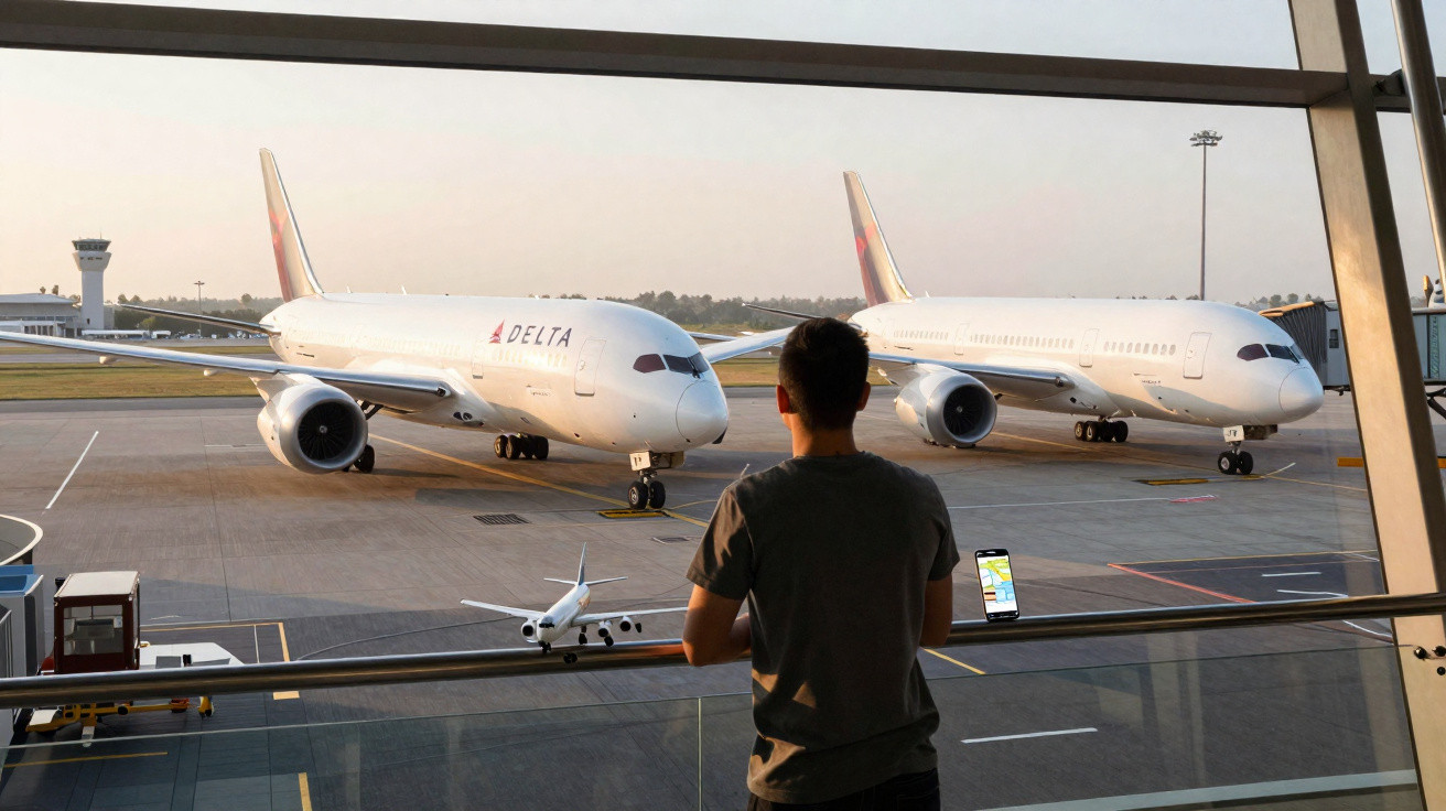 Homem observa dois aviões da Delta parados no portão do aeroporto ao pôr do sol.