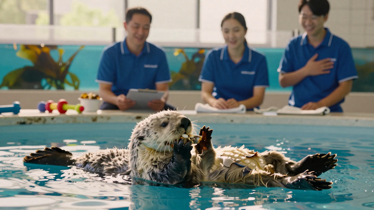 Lontra flutuando na água com brinquedo, enquanto três pessoas observam ao fundo.