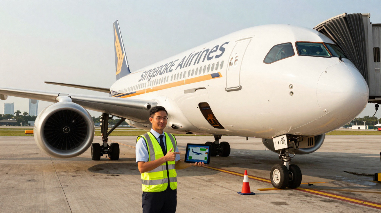 Homem com colete refletivo segura tablet em frente a avião da Singapore Airlines no aeroporto.