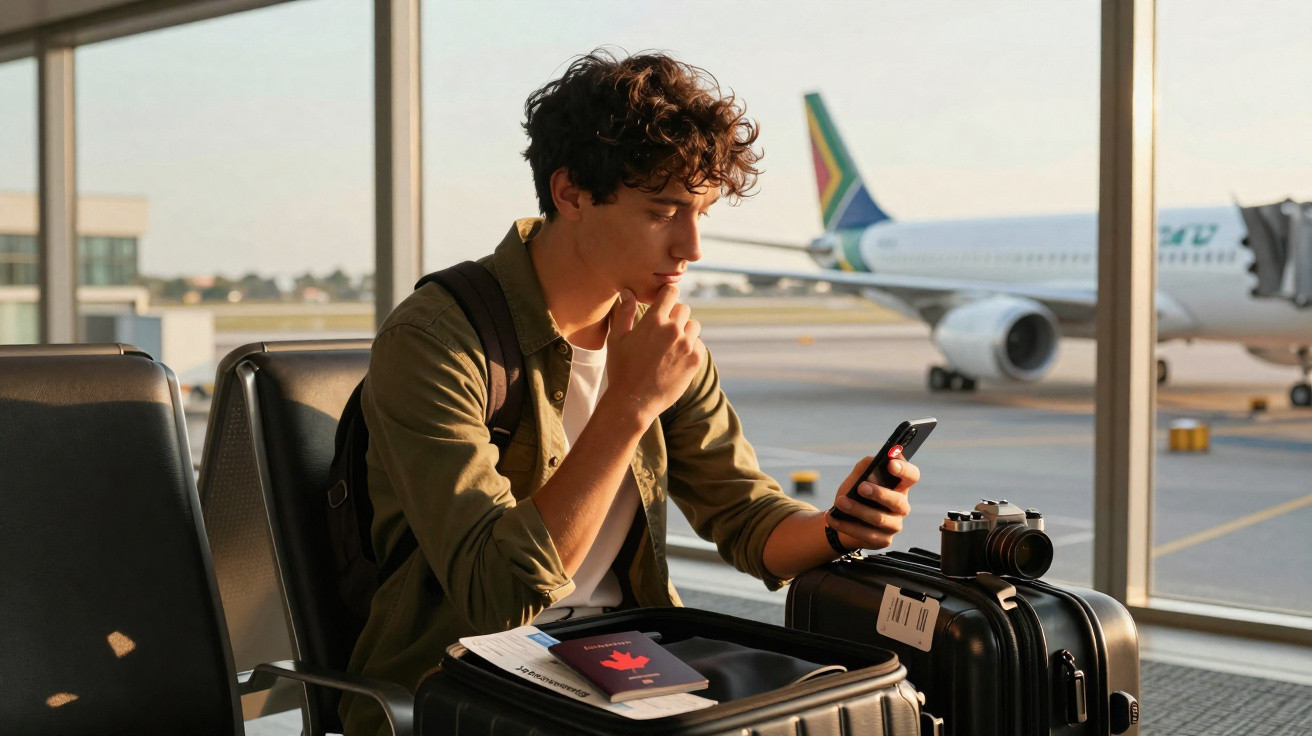 Jovem sentado no aeroporto olhando o celular, com malas e passaporte ao lado e avião ao fundo.