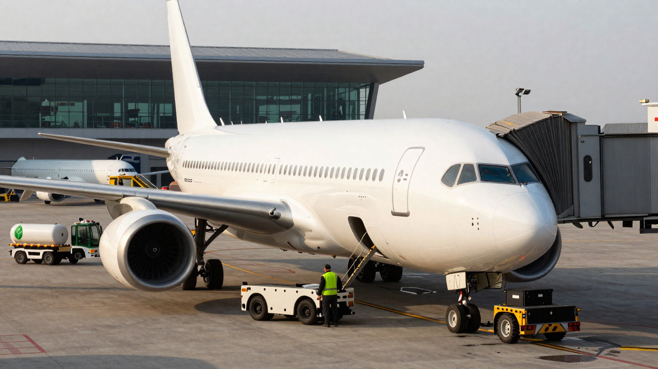 Avião branco estacionado no portão de embarque de aeroporto com funcionários e veículos de apoio.