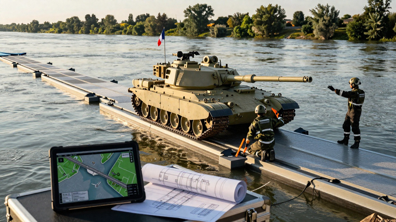 Tanque militar cruzando uma ponte flutuante com soldados e mapas ao lado do rio em ambiente ensolarado.