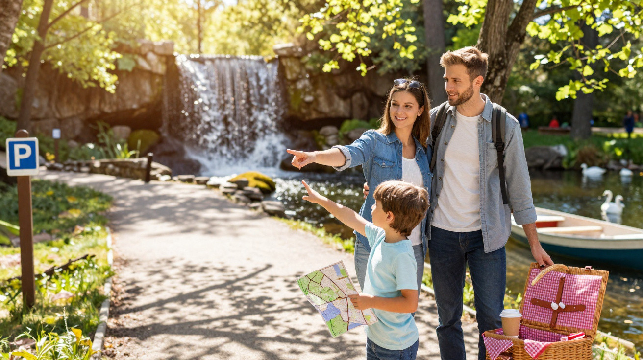 Família com criança olhando e apontando caminho em parque com cachoeira e lago ao fundo.