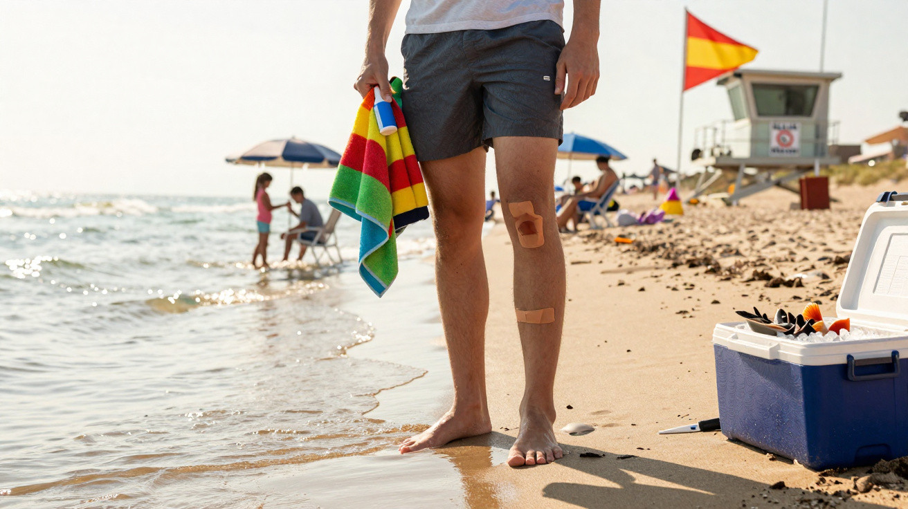 Pessoa segurando toalha colorida na praia, com curativos nos joelhos, pés na areia molhada e cooler ao lado.