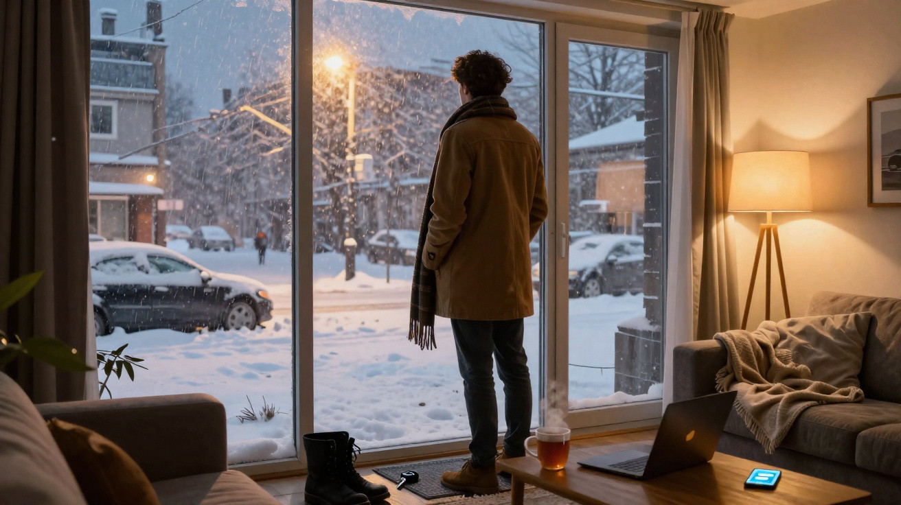 Pessoa de casaco observa a neve caindo do lado de fora de uma sala aconchegante à noite.