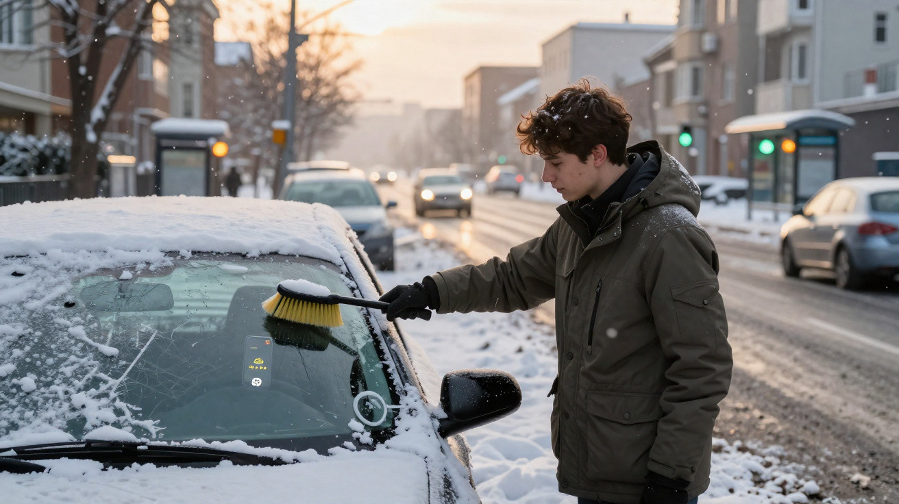 Jovem vestido com casaco verde limpando a neve do para-brisa de um carro na rua.