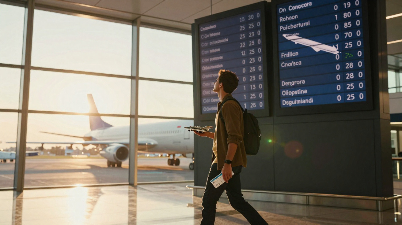 Homem com mochila e passagens observa painel de voos em aeroporto ao pôr do sol.