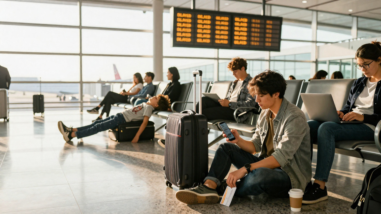 Passageiros aguardam voos em terminal de aeroporto, alguns com malas e dispositivos eletrônicos.