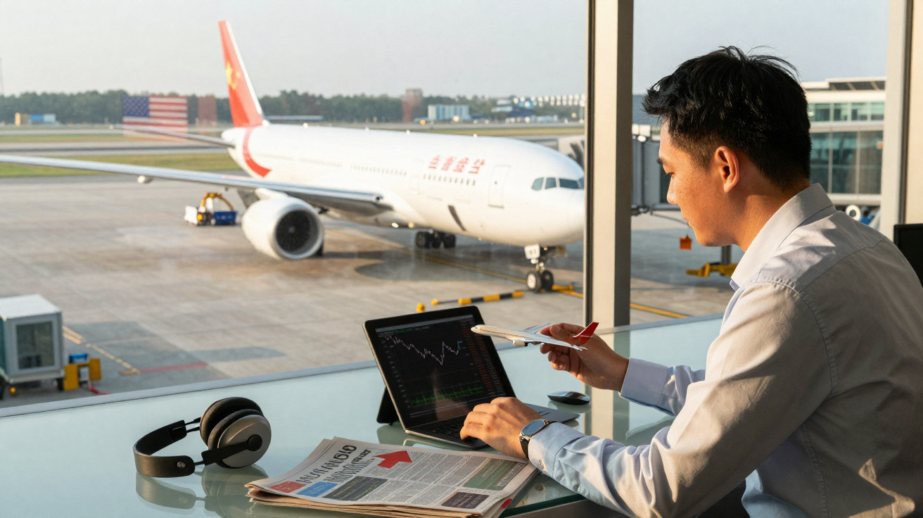 Homem olhando para gráficos no laptop em aeroporto com avião ao fundo na pista.