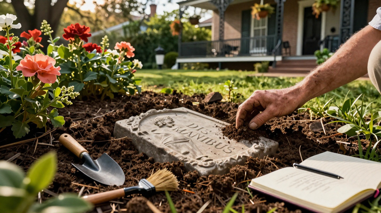 Pessoa limpando uma lápide no jardim com flores, pá, pincel e caderno ao lado.