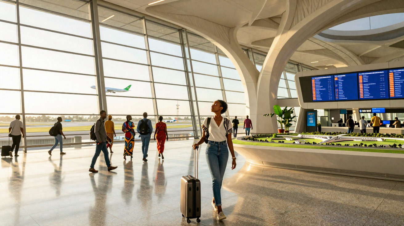 Mulher com mala de rodinhas caminhando em aeroporto moderno com painéis de voos e avião ao fundo.